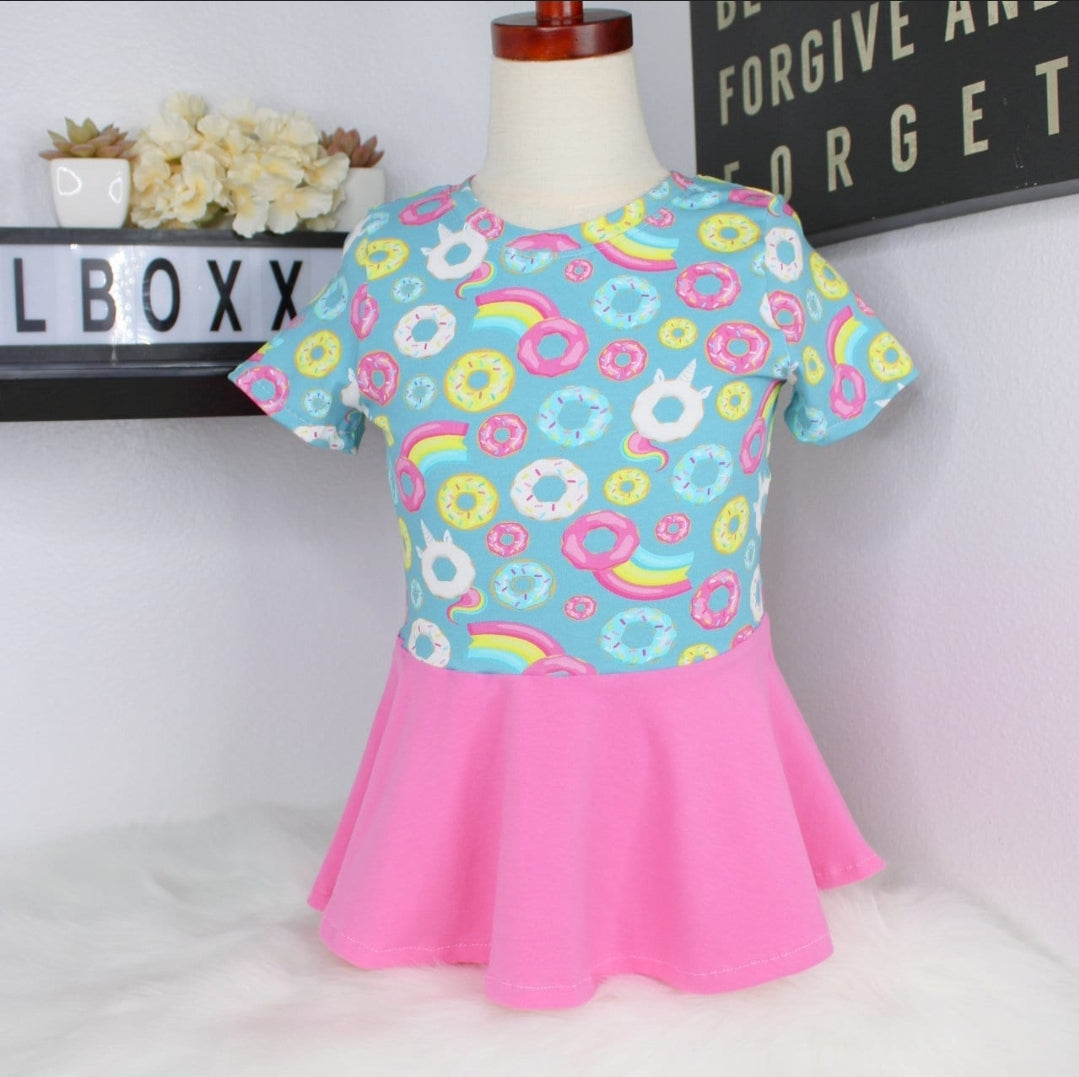 Rainbow Unicorn Donuts Peplum Handmade Cotton Shirt, Toddler Girls