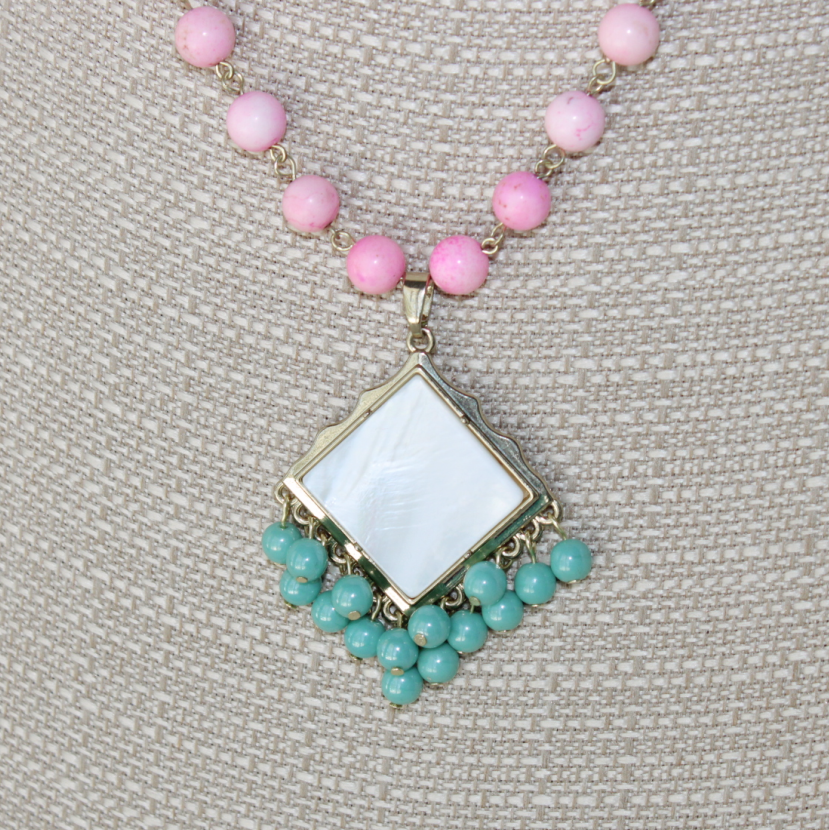 Pink Crazy Lace Beaded Agate Statement Pendant Necklace