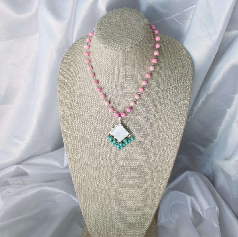 Pink Crazy Lace Beaded Agate Statement Pendant Necklace