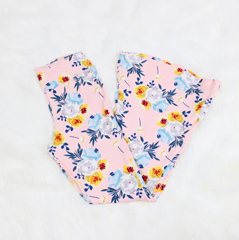 Retro Flower Flare Leggings for Girls, Pink or Blue