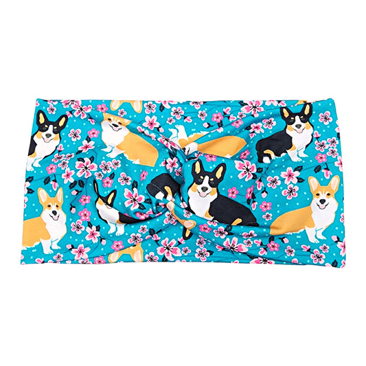 Wide Cherry Blossom Corgi Dog Print Headband