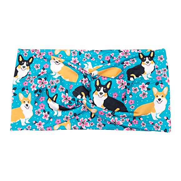Wide Cherry Blossom Corgi Dog Print Headband