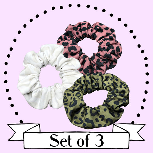 Leopard Print Scrunchie Set of 3, Mauve, Olive and Beige