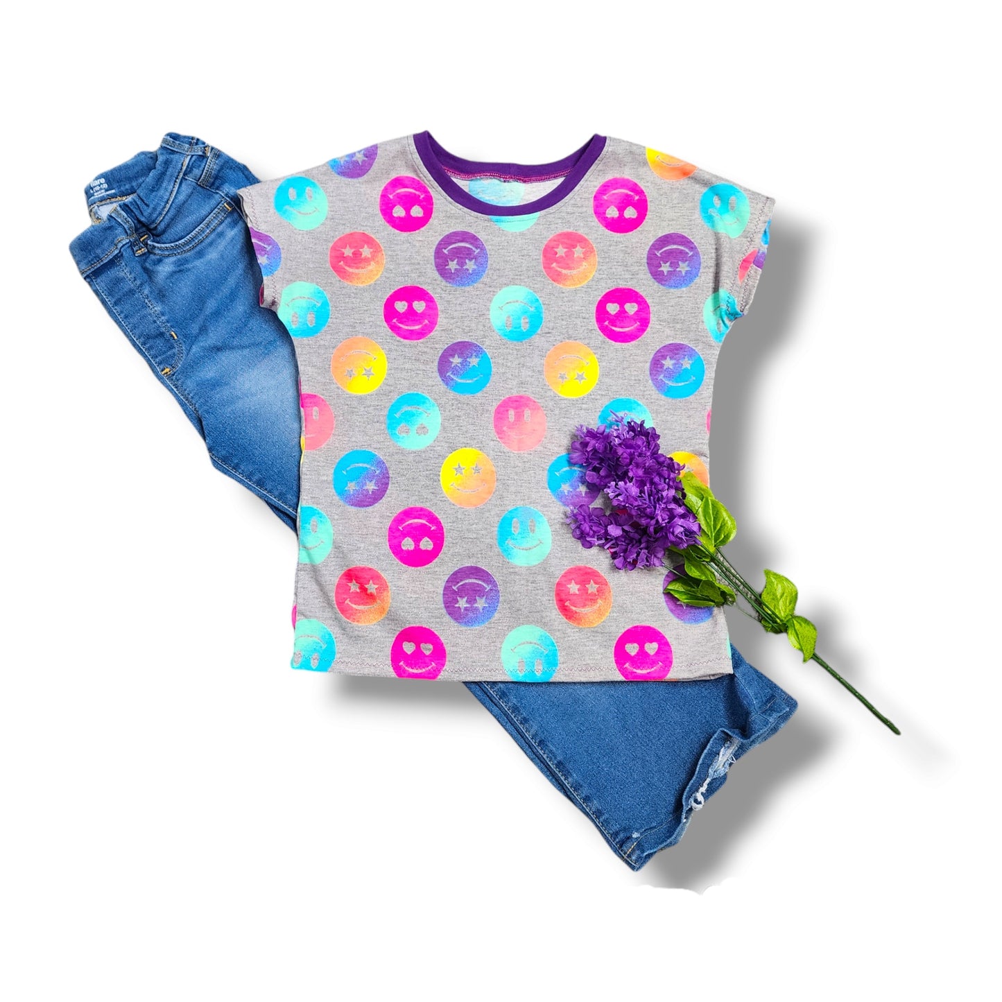 Happy Face Dolman Short Sleeve T-Shirt for Girls