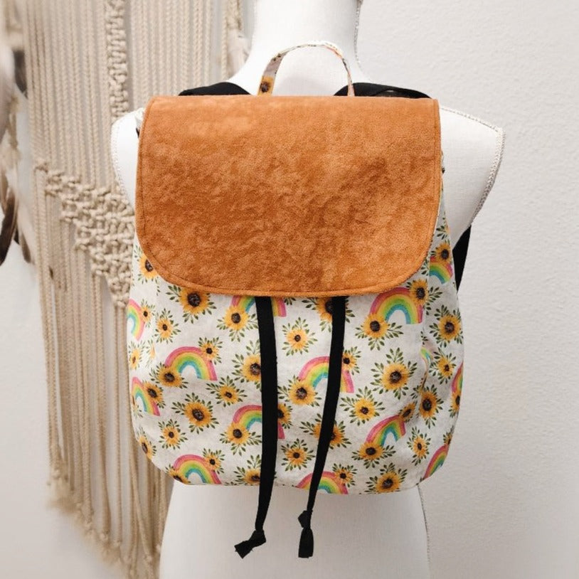 Sunflower Backpack Bag for Women, Rainbow Boho Cinch Purse