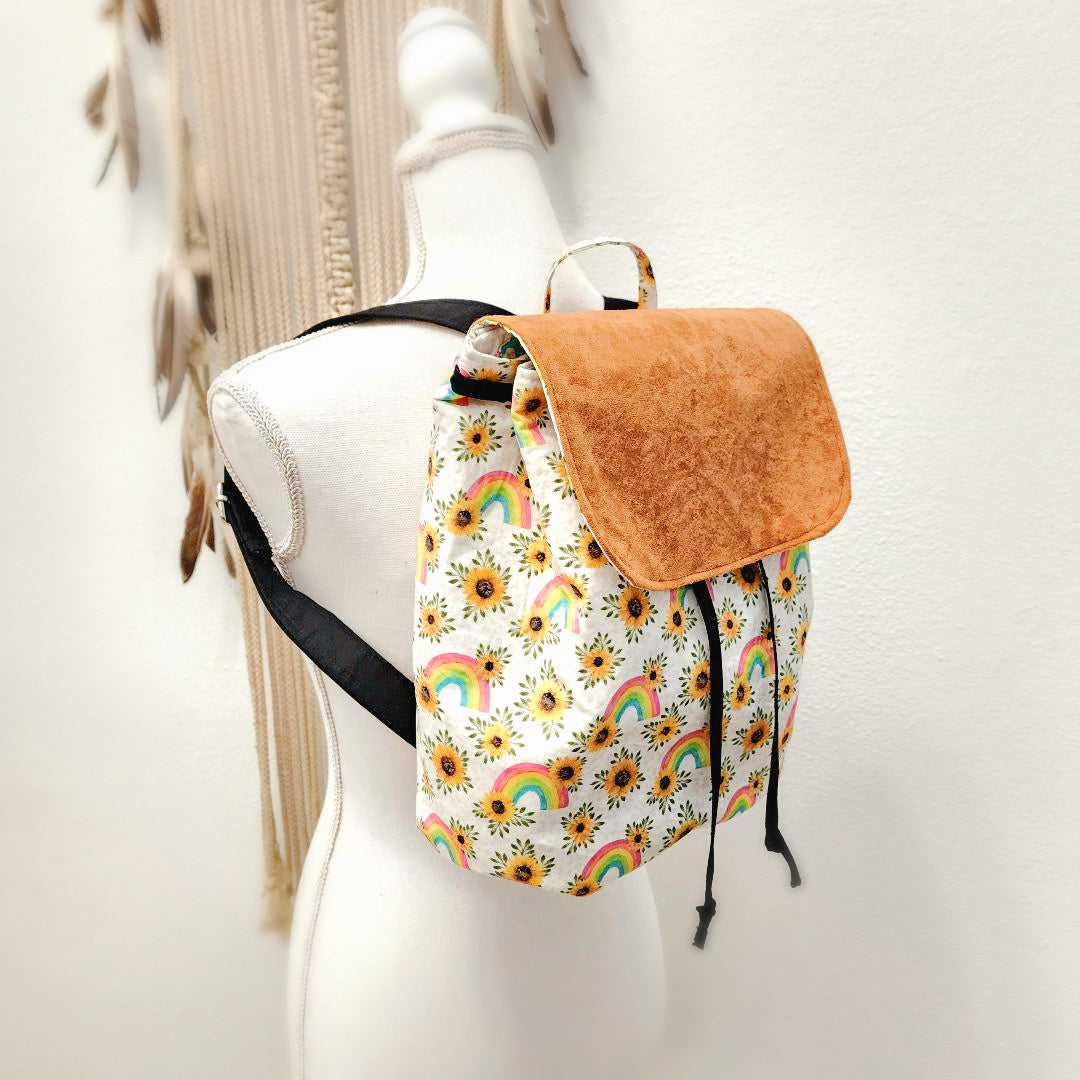 Sunflower Backpack Bag for Women, Rainbow Boho Cinch Purse