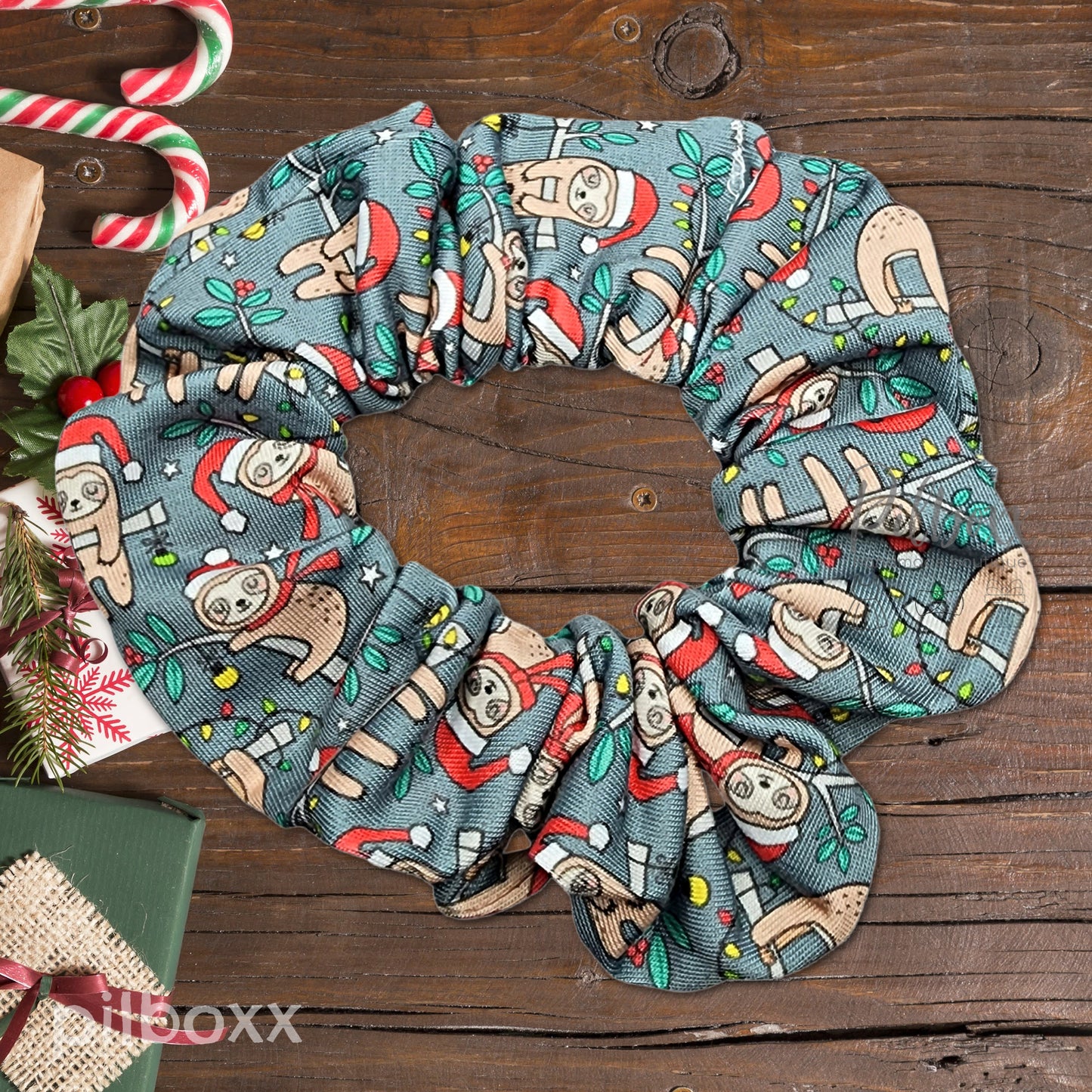 Christmas Sloth Print Scrunchie