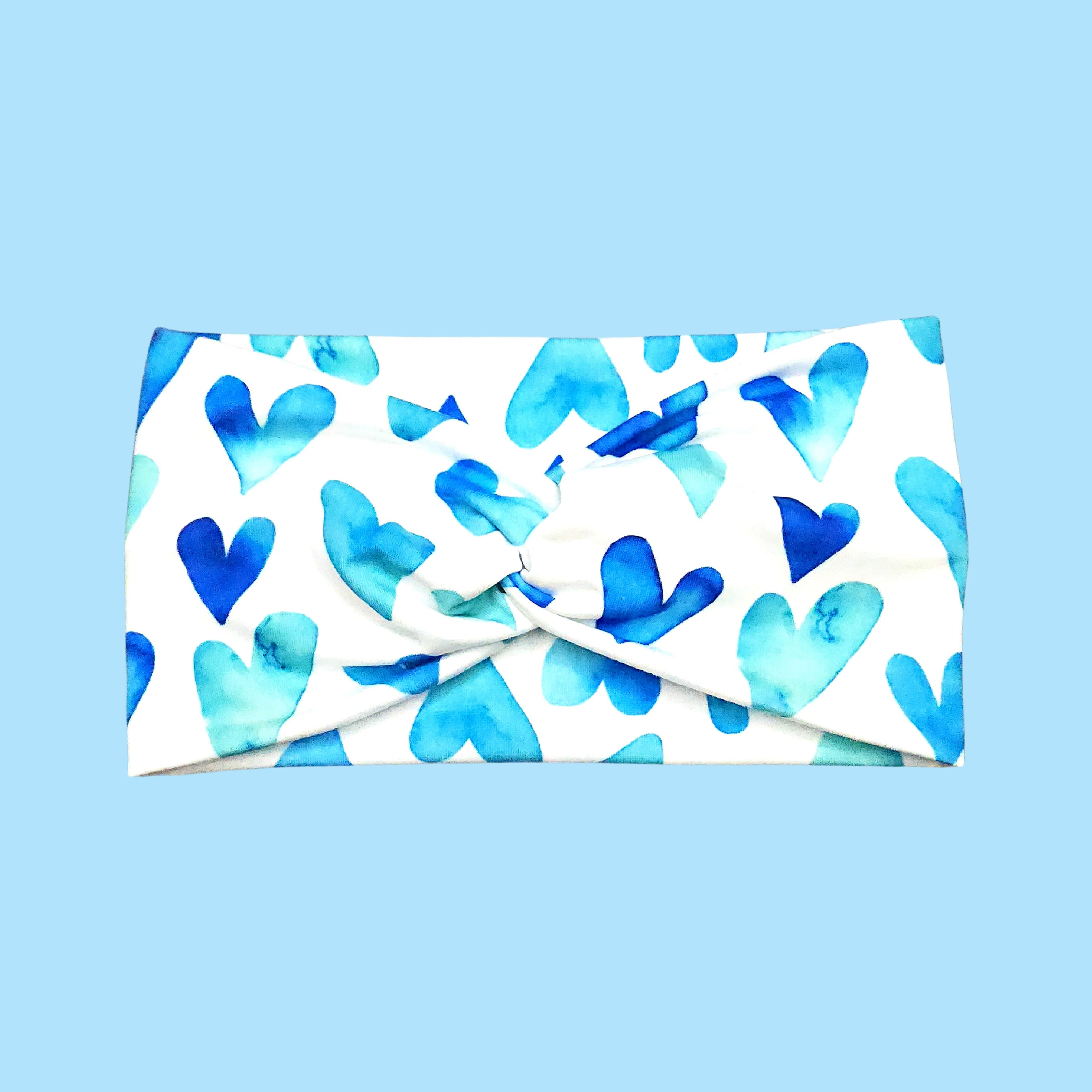 Wide Blue Watercolor Heart Headband for Women