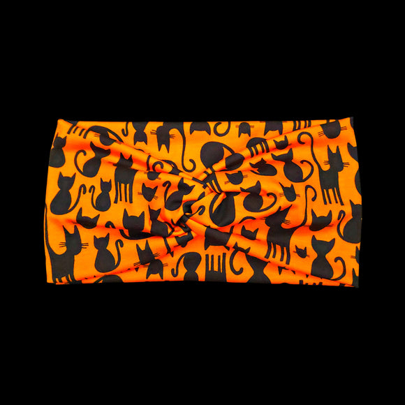 Wide Orange & Black Cat Halloween Headband for Women