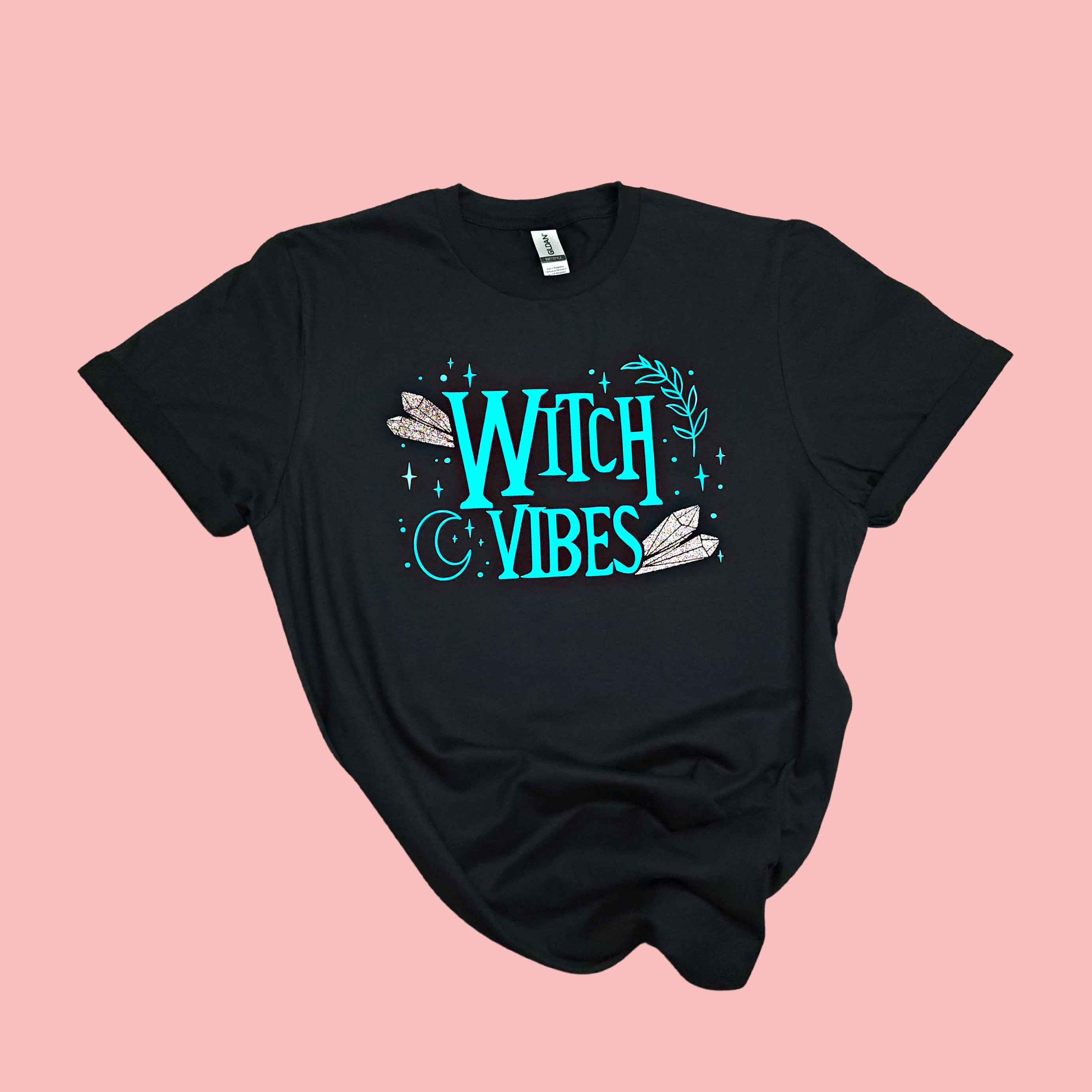 Witch Vibes Graphic Tee with Purple Holographic Glitter Crystals - Unisex