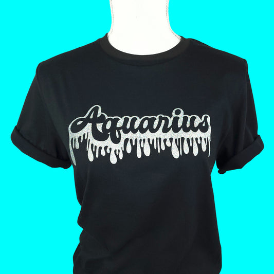 Zodiac Sign Retro Drip Tee with Silver Holographic Glitter Vinyl