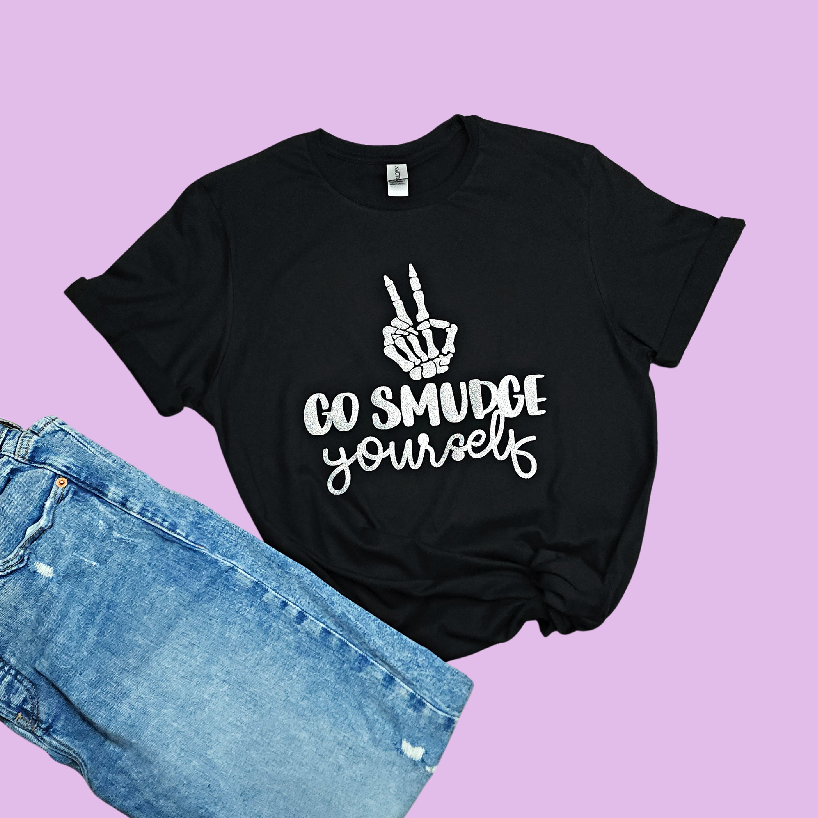 Go Smudge Yourself Funny Halloween Tee with Silver Holographic Glitter - Unisex