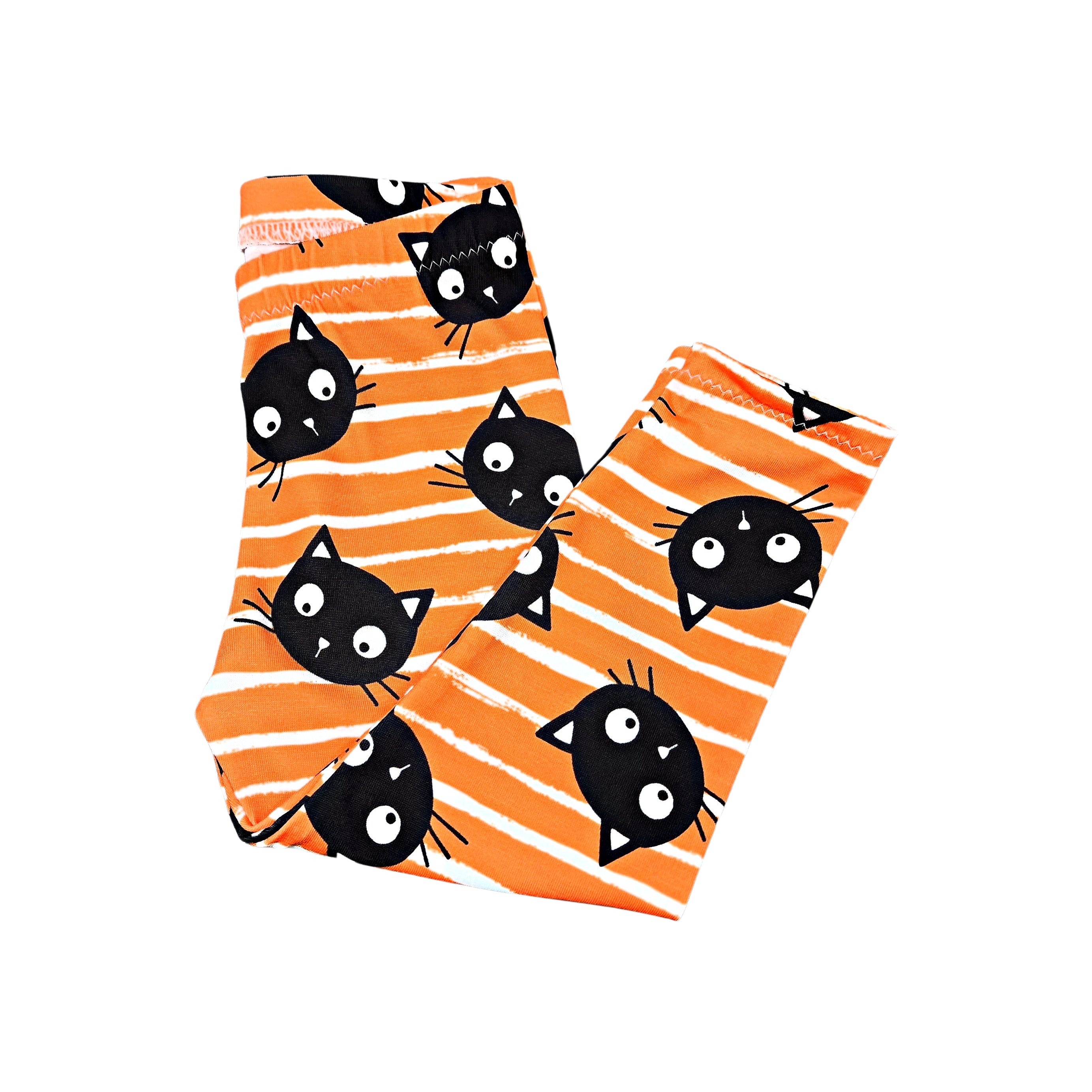 Orange Striped Cat Print Leggings for Girls, NB - 12