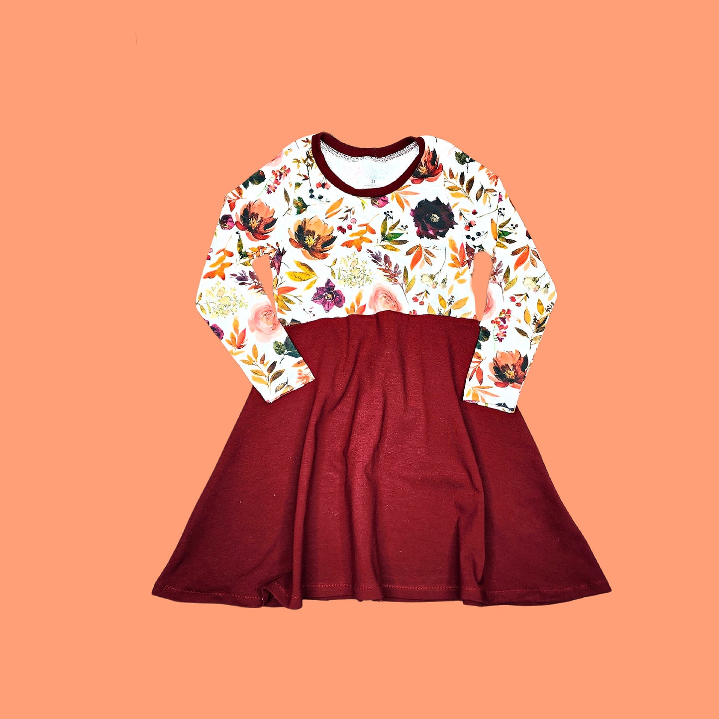 Burgundy Floral Twirly Dress for Girls