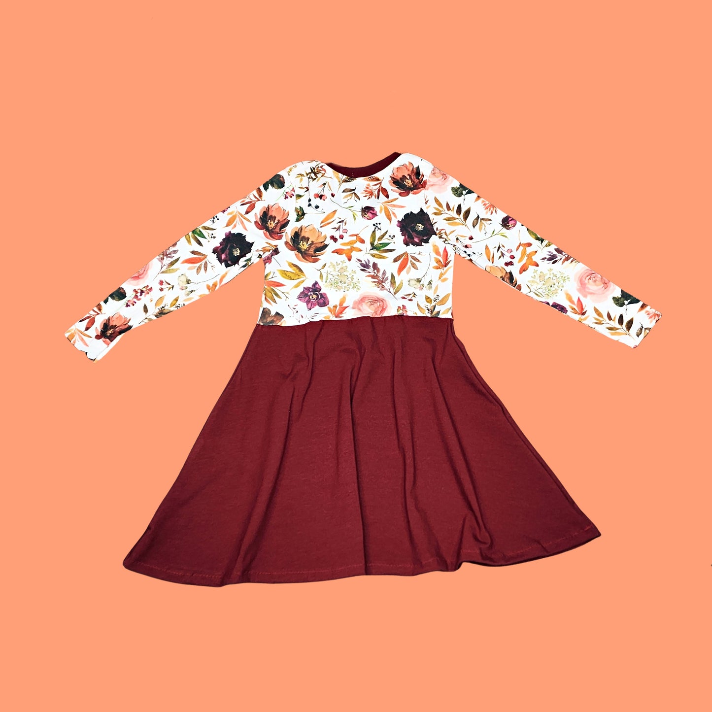 Burgundy Floral Twirly Dress for Girls