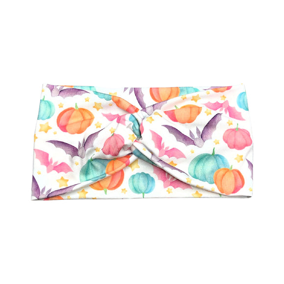 Wide Pastel Halloween Headband for Women, Pumpkins and Bats