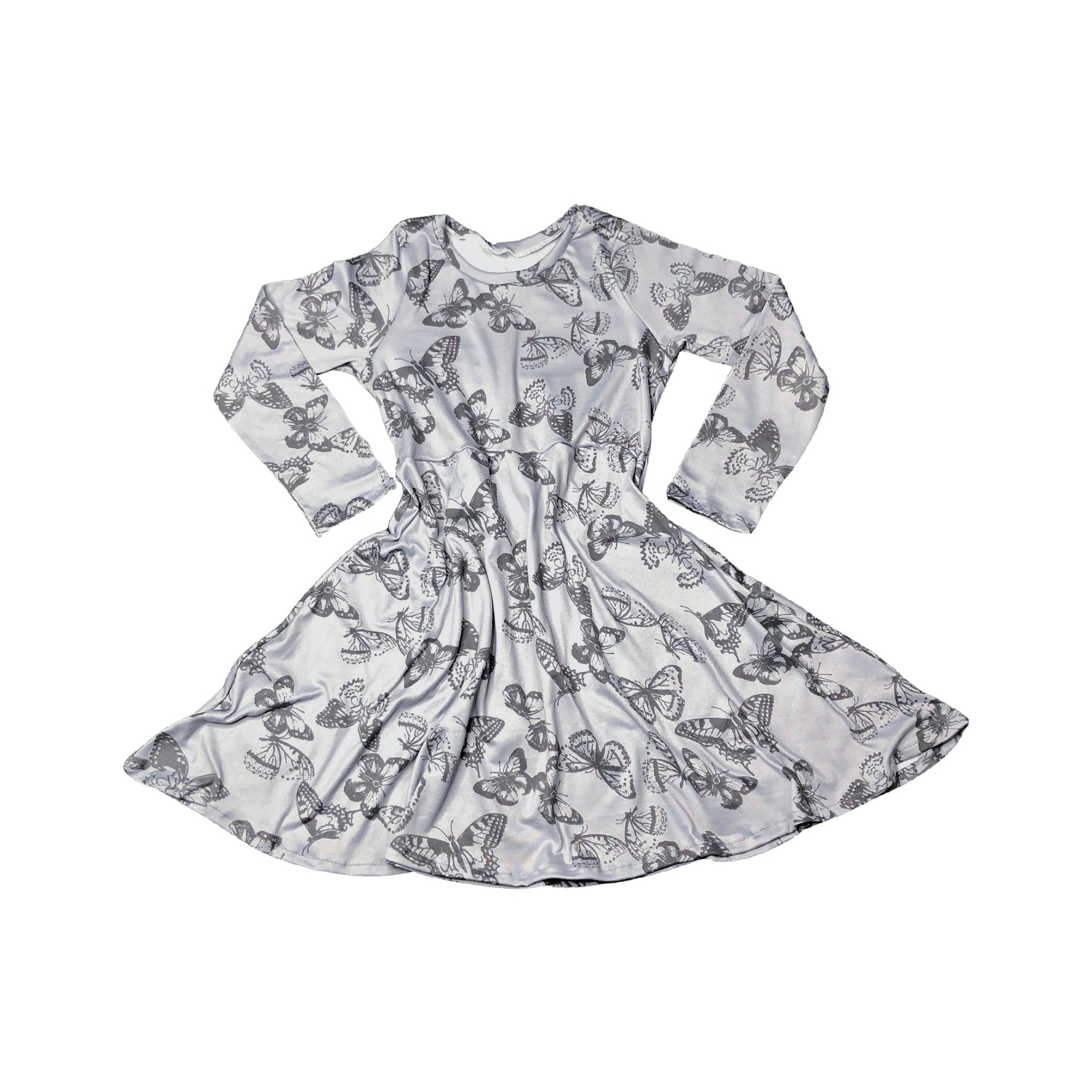 Girls Gray Butterfly Print Long Sleeve Skater Dress