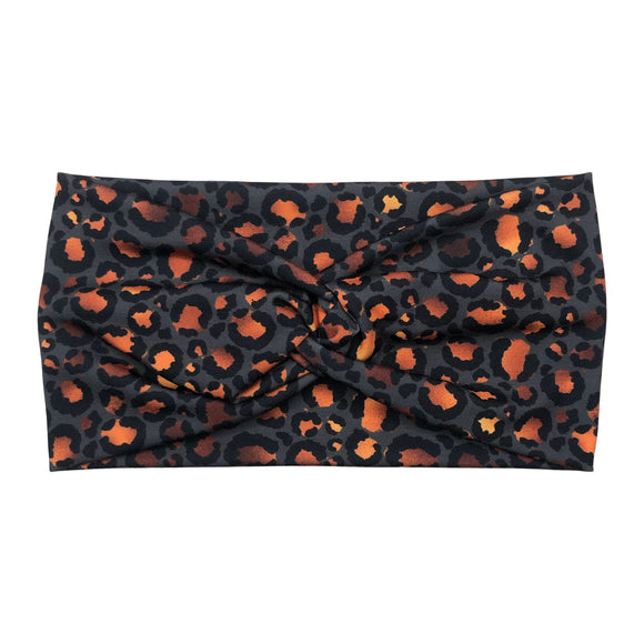 Leopard Print Headband in Dark Gray and Orange, Wide Turban Twist Style