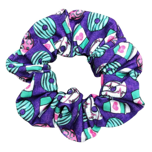 purple coffee donuts nurse print scrunchie