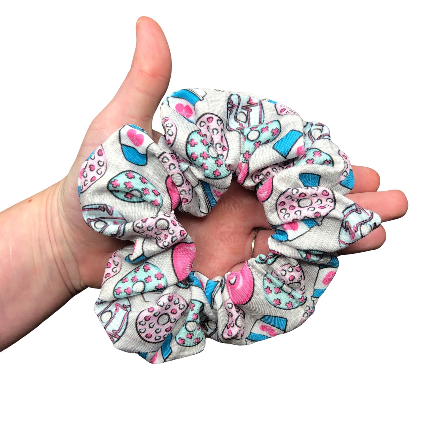 Gray nurse print scrunchie, coffee donuts