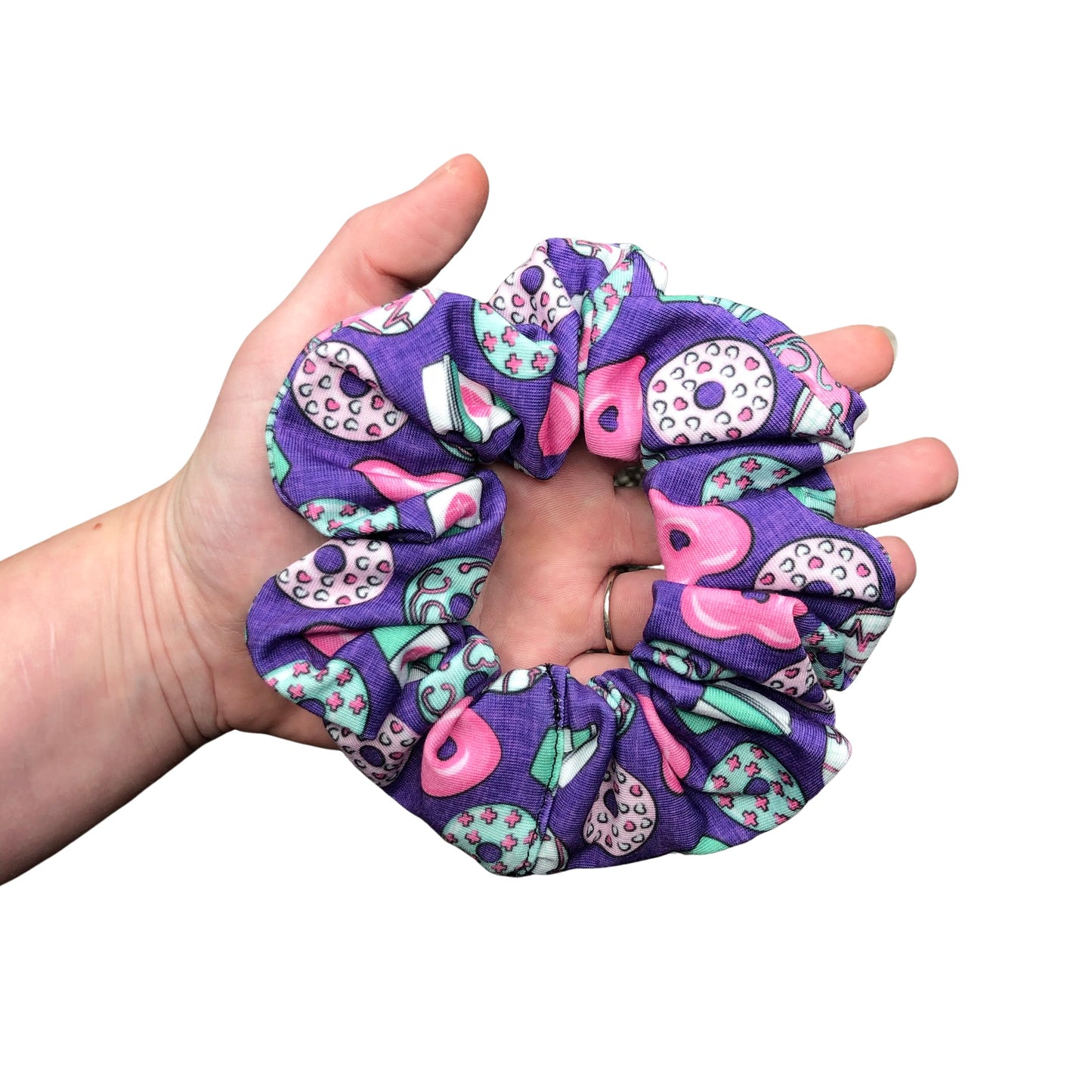purple coffee donuts nurse print scrunchie