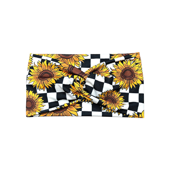 Retro Sunflower Check Wide Headband for Women
