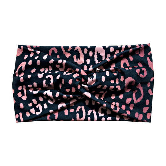 Wide Pink and Black Leopard Print Headband for Women