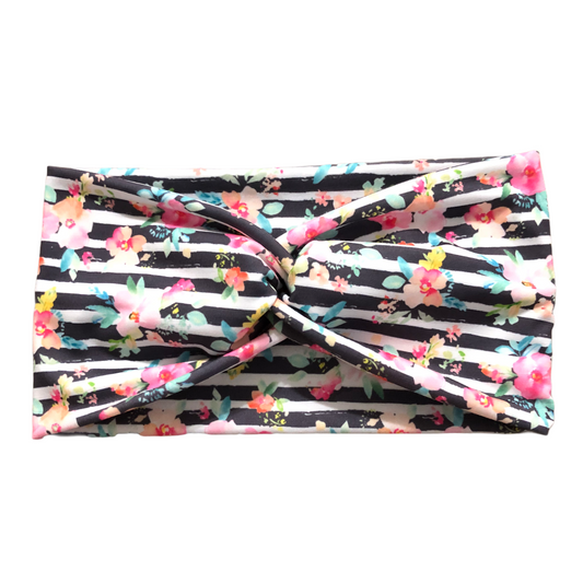 Floral Stripes Wide Turban Twist Headband for Women