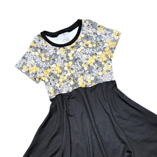 Gray and Black Bee Print Sundress for Girls, Short Sleeve, Size 4T, Handmade and Ready to Ship